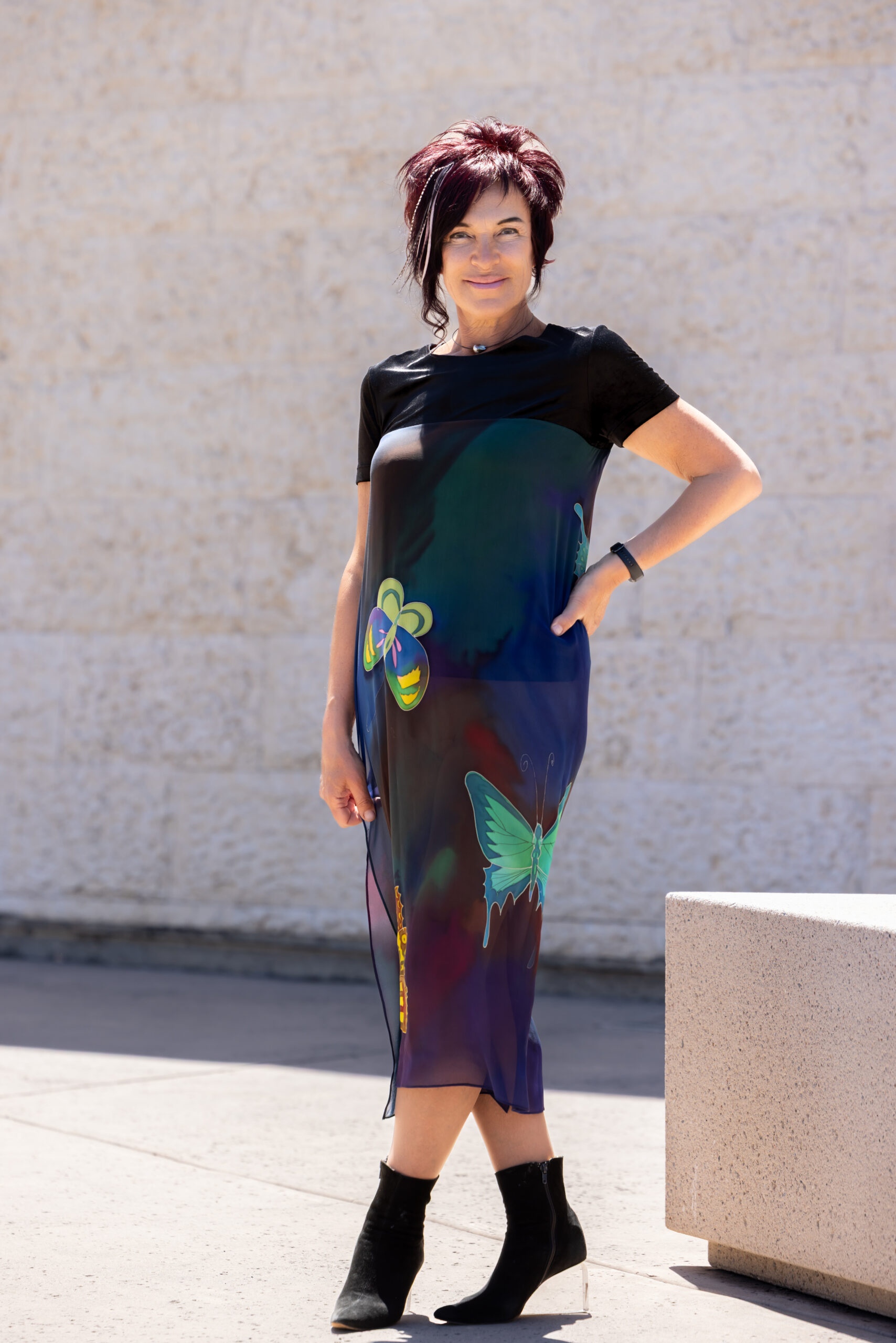 T-SHIRT WITH HAND PAINTED SILK PANEL BUTTERFLIES