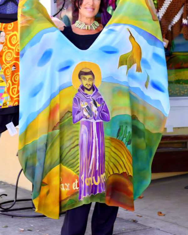 Hand-painted silk cape created in honor of Saint Francis of Assisi