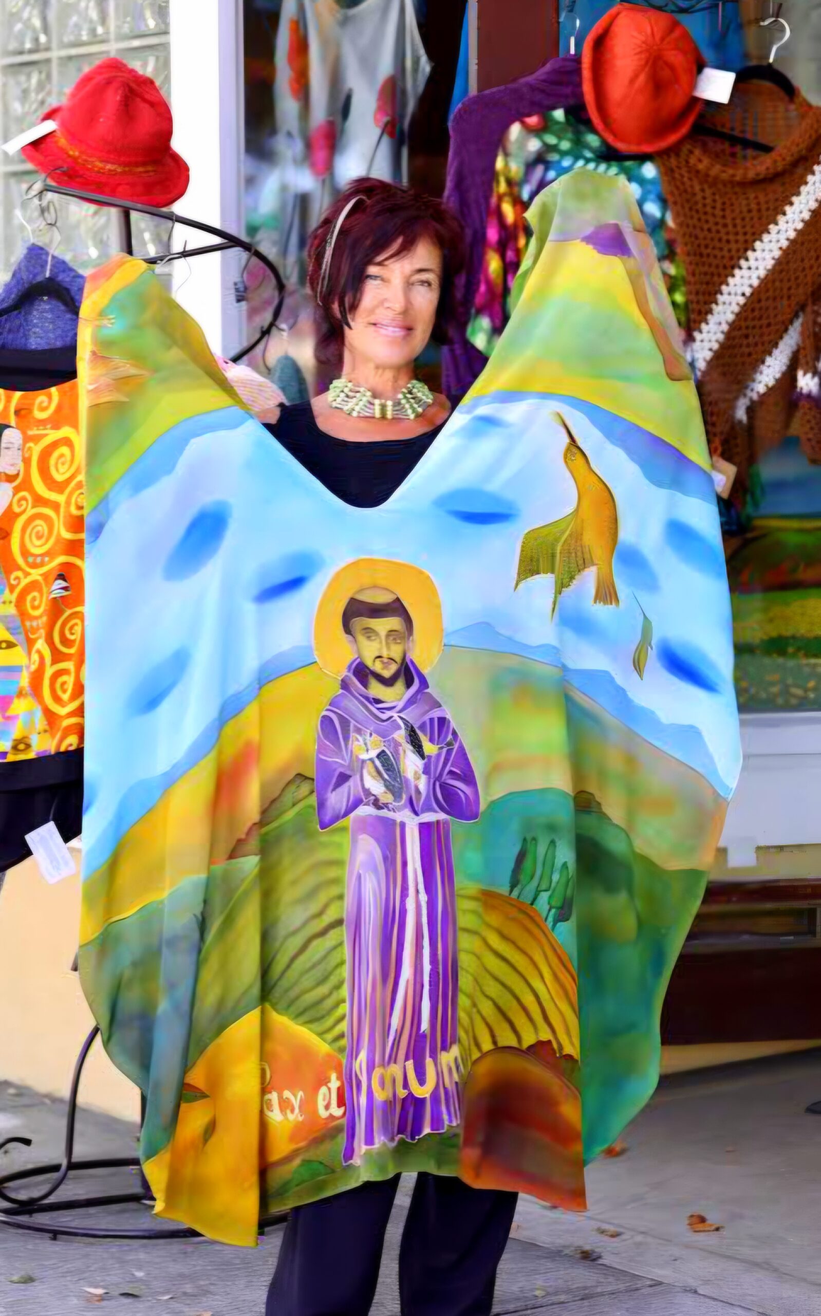 Hand-painted silk cape created in honor of Saint Francis of Assisi
